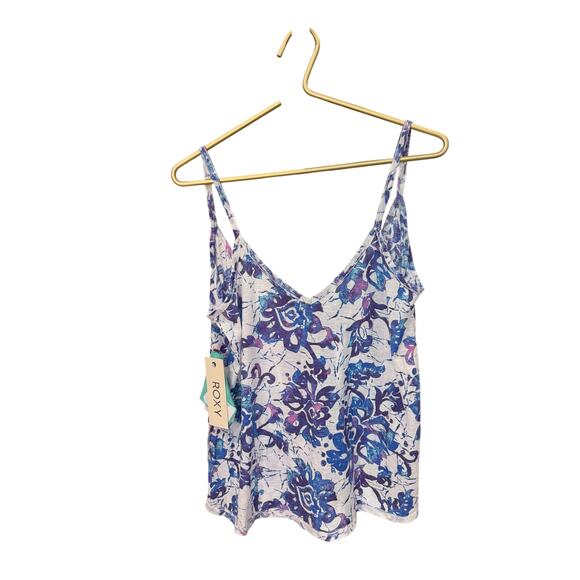 Roxy Tank Top White Blue Purple Pattern V‑Neck Scoop Back M NWT - Picture 2 of 10